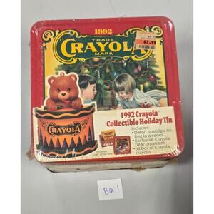 VINTAGE Sealed 1992 Crayola Collectible Holiday Tin, Bear Ornament, & 64 Crayons